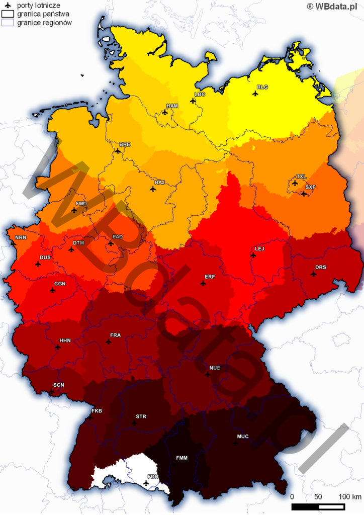 Mapa najbliższych czasowo obszarów niemieckich lotnisk