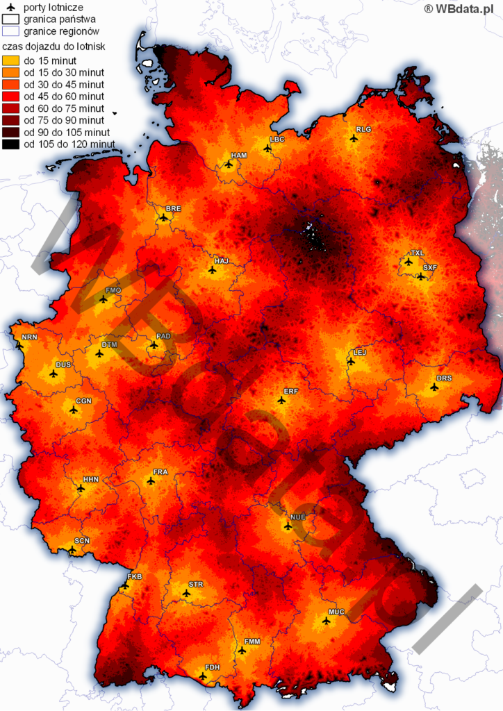 Mapa przedstawia czas dojazdu transportem drogowym do niemieckich lotnisk