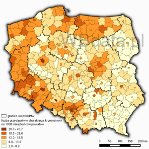 Mapa liczby przestępstw o charakterze kryminalnym na 1000 mieszkańców powiatów w 2014 roku wykonana metodą kartogramu