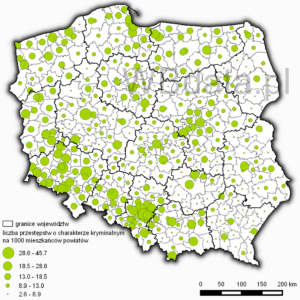 Mapa liczby przestępstw o charakterze kryminalnym na 1000 mieszkańców powiatów w 2014 roku wykonana metodą kartodiagramu