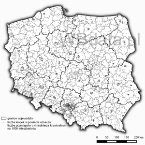 Mapa liczby przestępstw o charakterze kryminalnym na 1000 mieszkańców powiatów w 2014 roku wykonana metodą kropkową