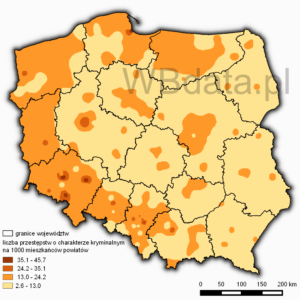 Mapa liczby przestępstw o charakterze kryminalnym na 1000 mieszkańców powiatów w 2014 roku wykonana metodą izolinii