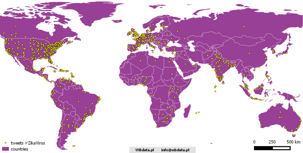 Mapa przedstawia wpisy użytkowników Twitter'a z hashtagiem ZikaVirus