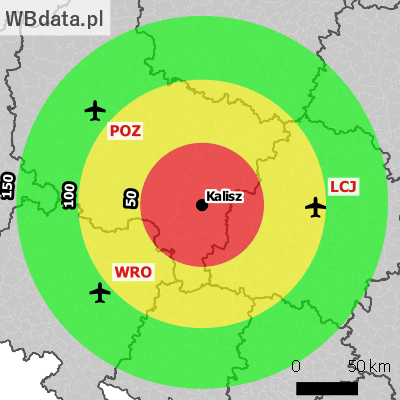 Miasto Kalisz na mapie z zaznaczonymi najbliższymi lotniskami