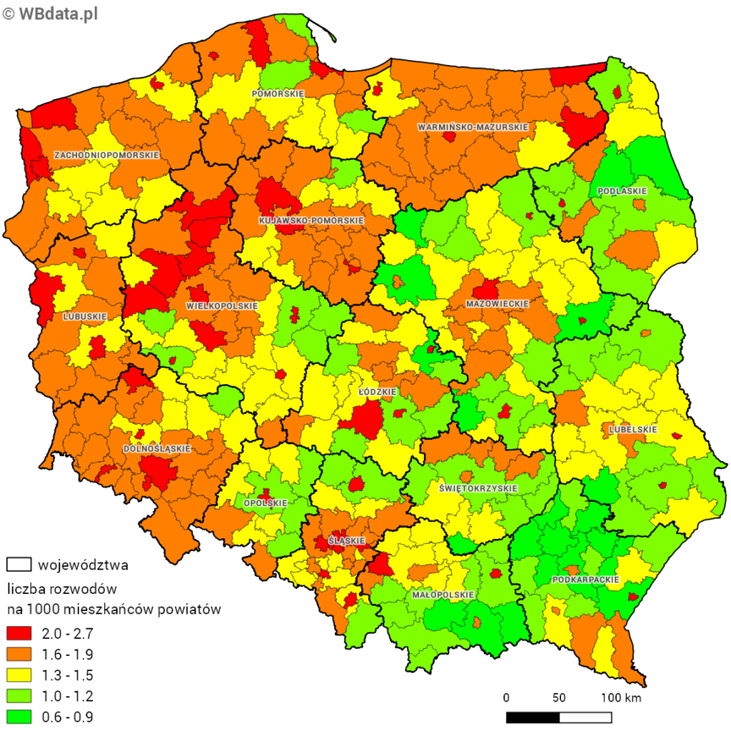 Mapa rozwodów w Polsce w przeliczeniu na 1000 mieszkańców powiatów w 2016 roku