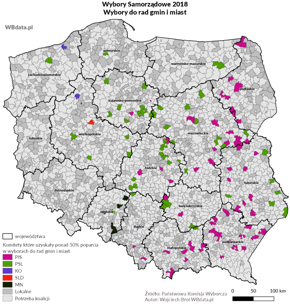 Mapa przedstawia wyniki wyborów samorządowych do rad gmin i miast, w których komitety zdobyły ponad 50% głosów