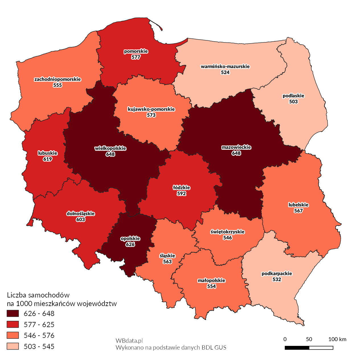 Mapa zmotoryzowania mieszkańców polskich powiatów w 2017