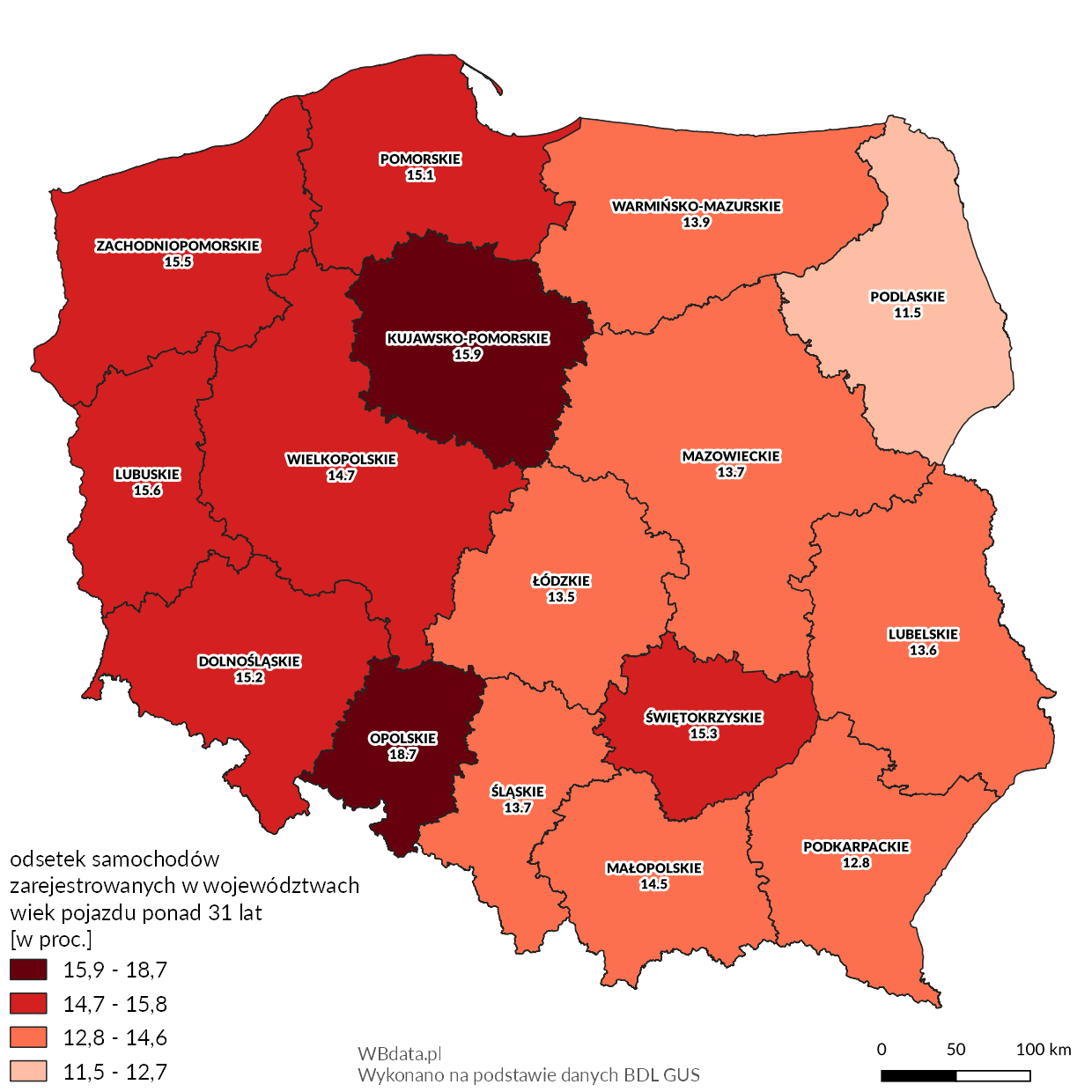 Wiek samochodów osobowych w Polsce w 2017 roku na mapach
