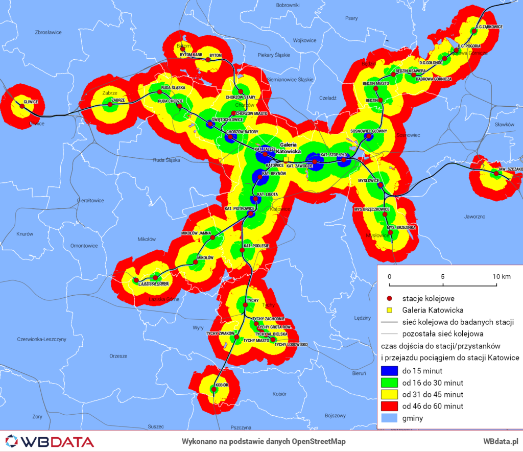 Mapa przedstawia dostępność kolejowo-pieszą do dworca w Katowicach w strefach do 60 minut