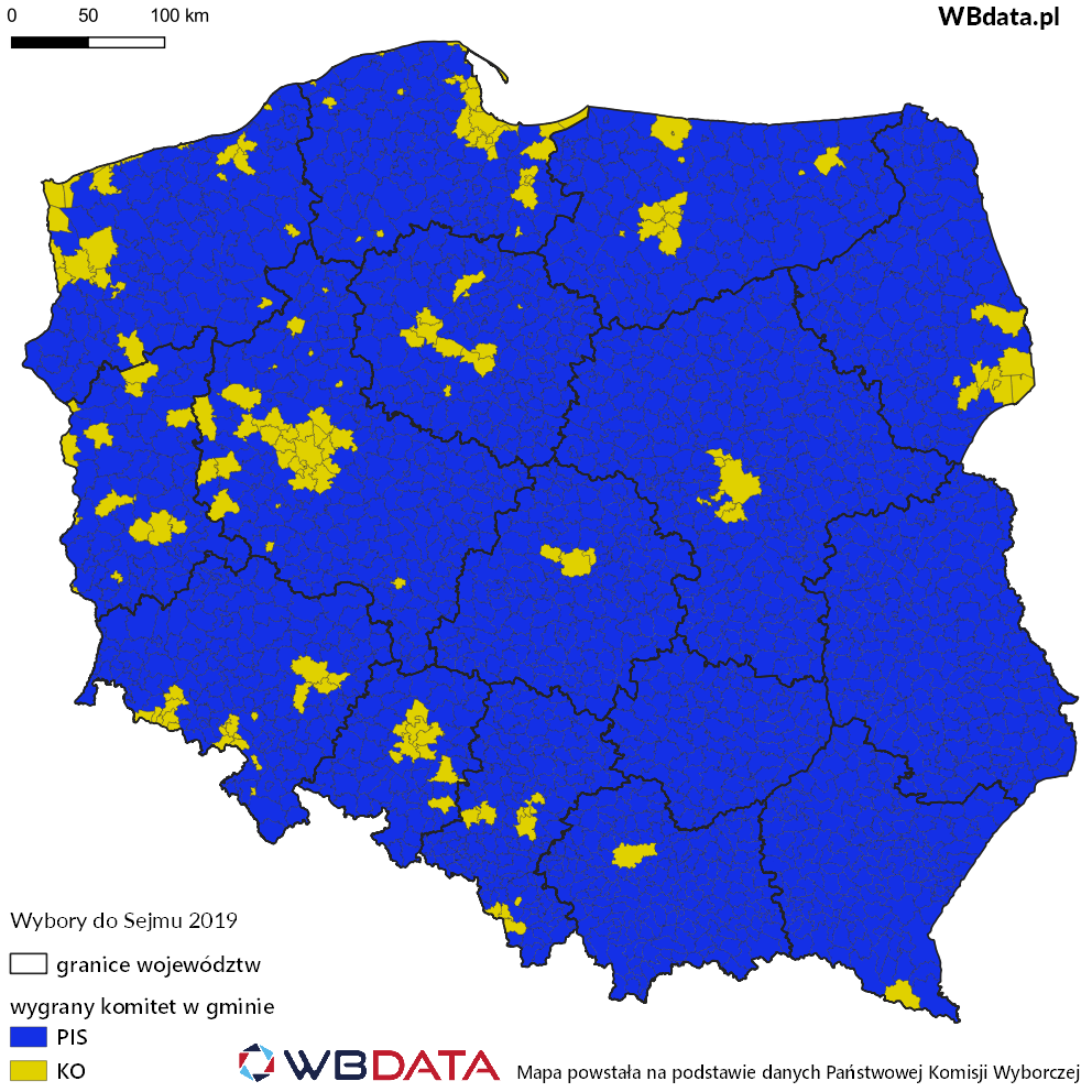  Mapa przedstawia pojedynek PIS vs.  KO. w wyborach do Sejmu 2019
