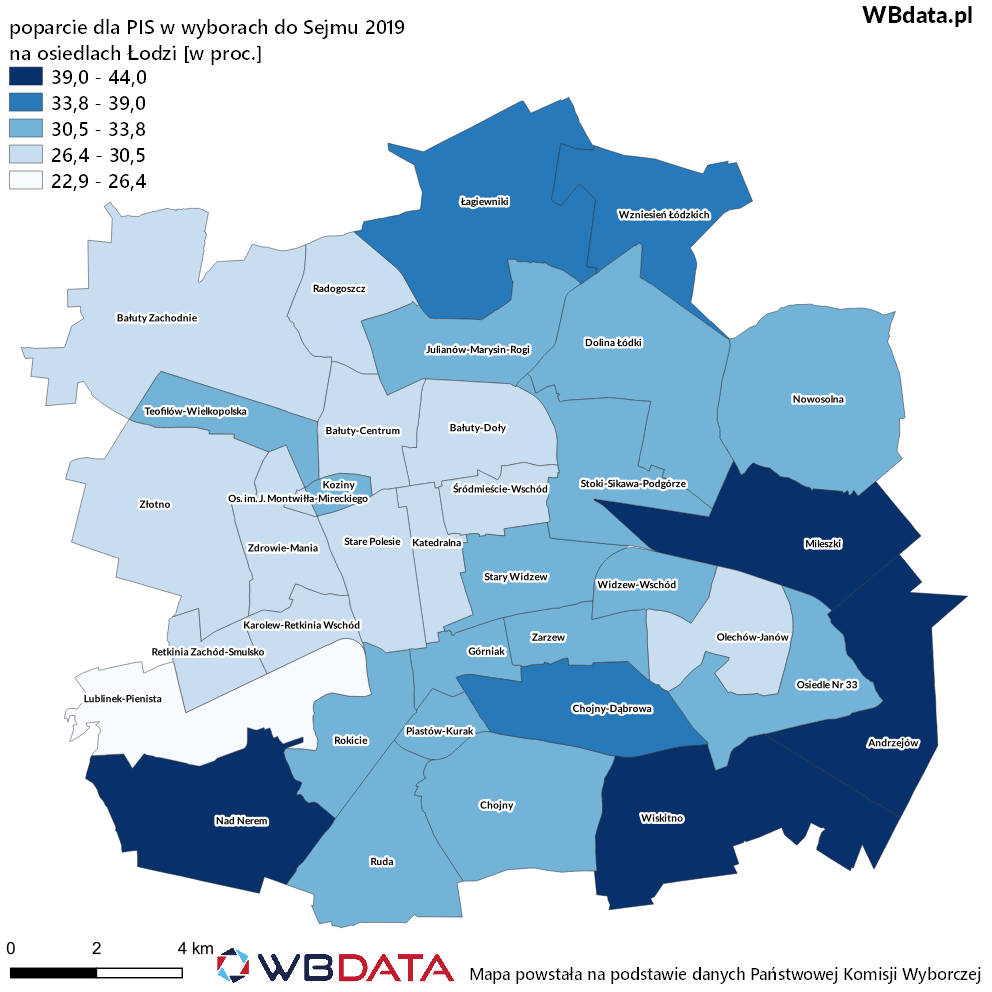 Mapa przedstawia poparcie dla Prawa i Sprawiedliwości na osiedlach w Łodzi