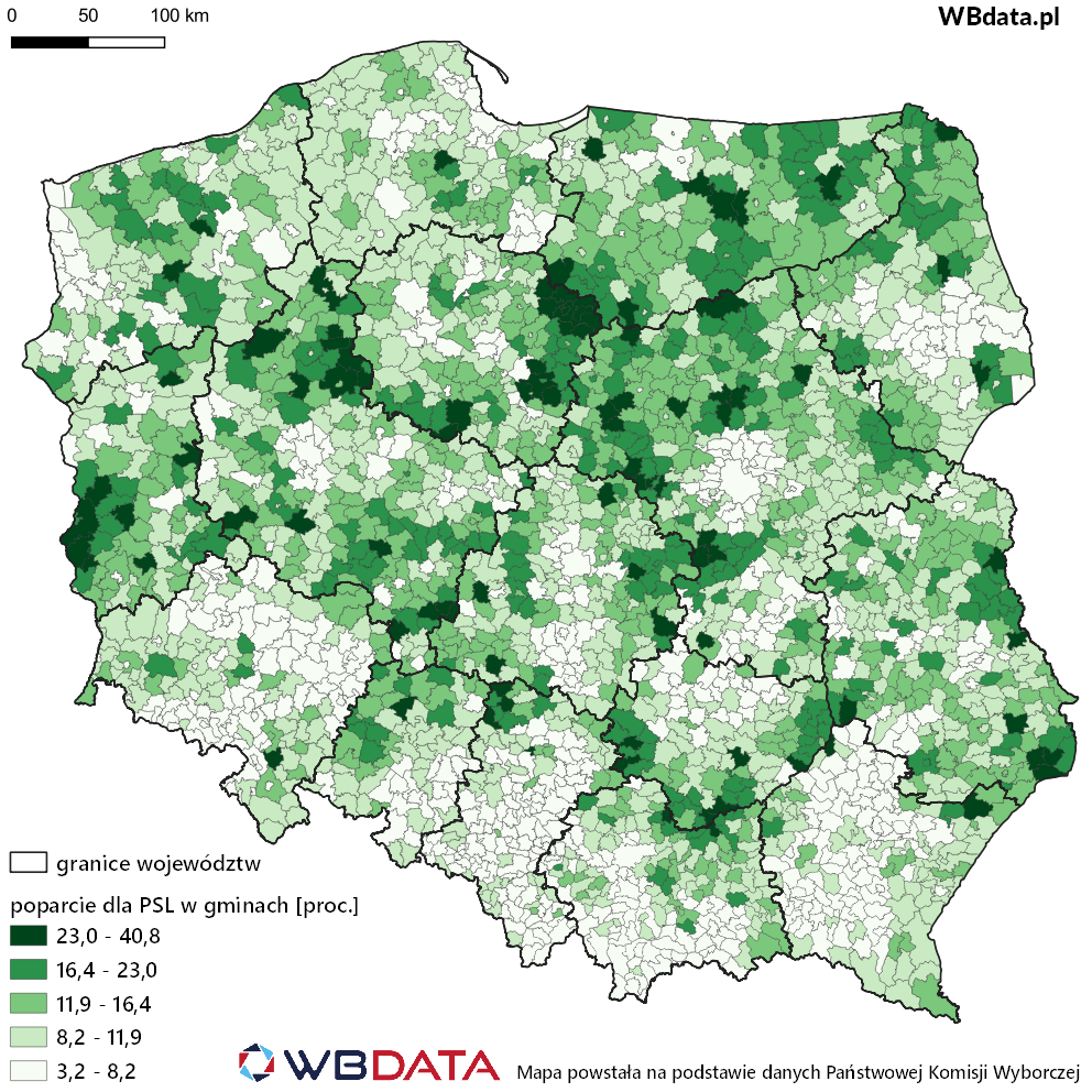 Mapa przedstawia poparcie w gminach dla komitetu Polskie Stronnictwo Ludowe w wyborach do Sejmu 2019