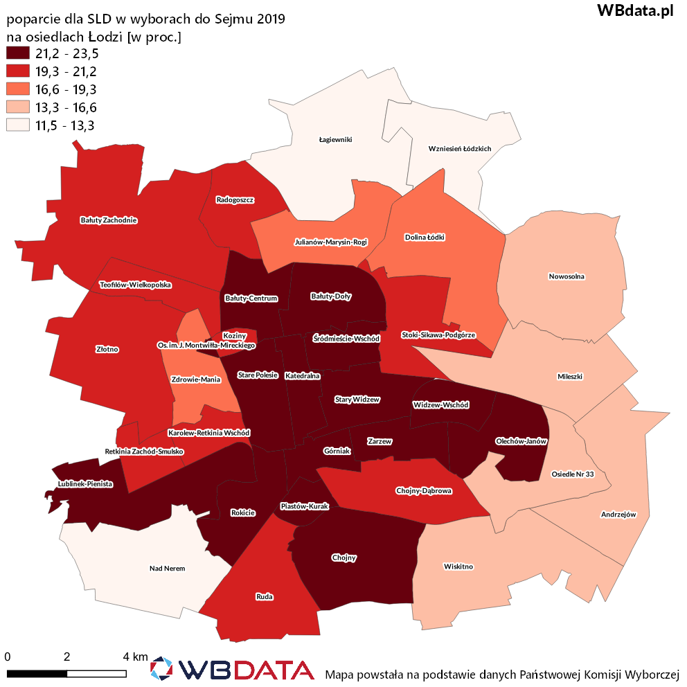 Mapa przedstawia poparcie dla Sojuszu Lewicy Demokratycznej na osiedlach w Łodzi  