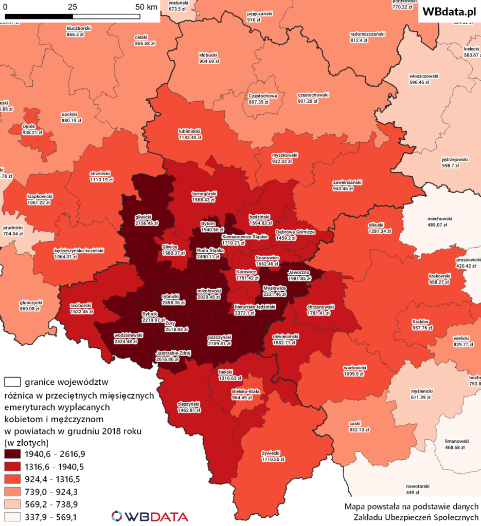 Mapa przedstawia różnicę wysokości przeciętnej miesięcznej emerytury mężczyzn i kobiet w powiatach województwa śląskiego w grudniu 2018 roku