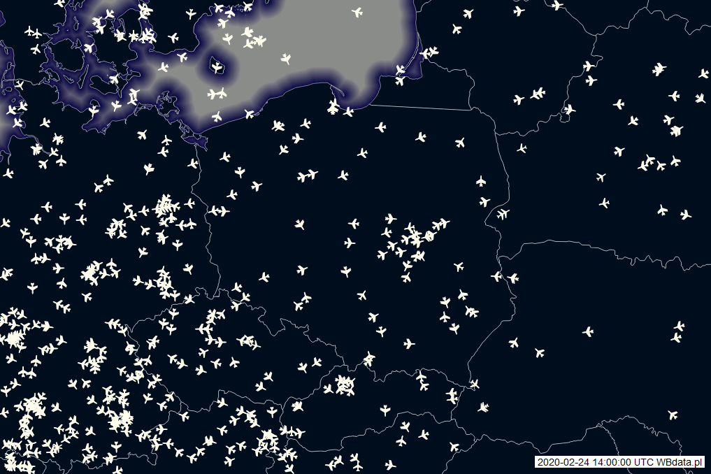 Mapa samolotów nad Polską 24 lutego 2020 roku w godzinach 14-15 (wykonano na podstawie danych The OpenSky Network)