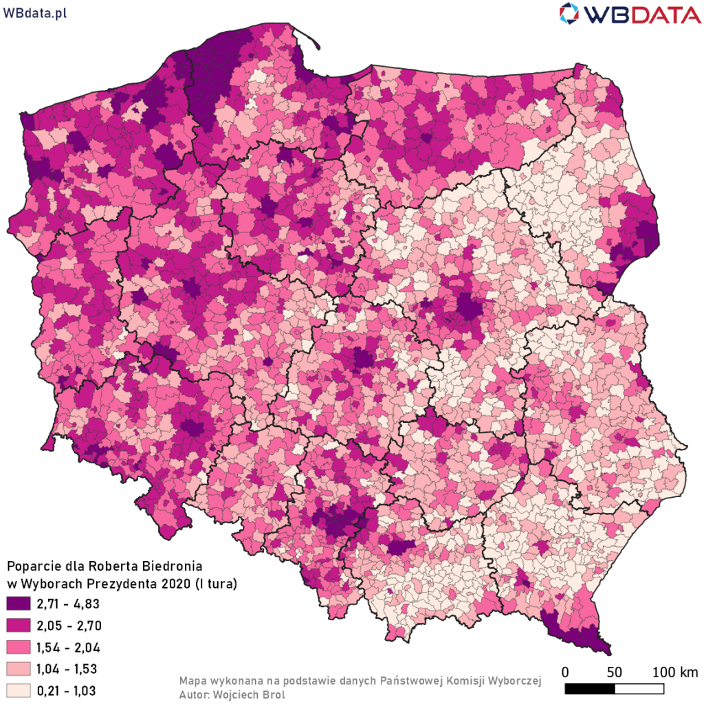 Mapa przedstawia poparcie Roberta Biedronia w Wyborach Prezydenta 2020 w gminach na podstawie oficjalnych wyników (I tura)
