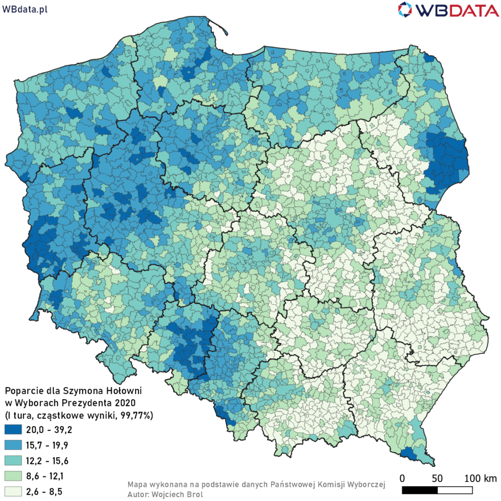 Mapa przedstawia poparcie dla Szymona Hołowni w Wyborach Prezydenta 2020 w gminach na podstawie wyników cząstkowych (99,77%)
