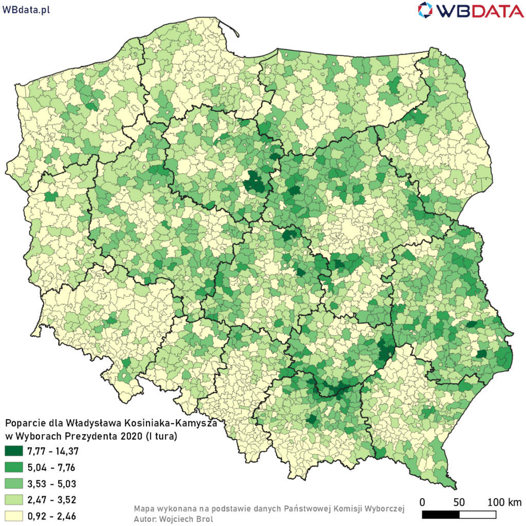Mapa przedstawia poparcie Władysława Kosiniaka-Kamysza w Wyborach Prezydenta 2020 w gminach na podstawie oficjalnych wyników (I tura)