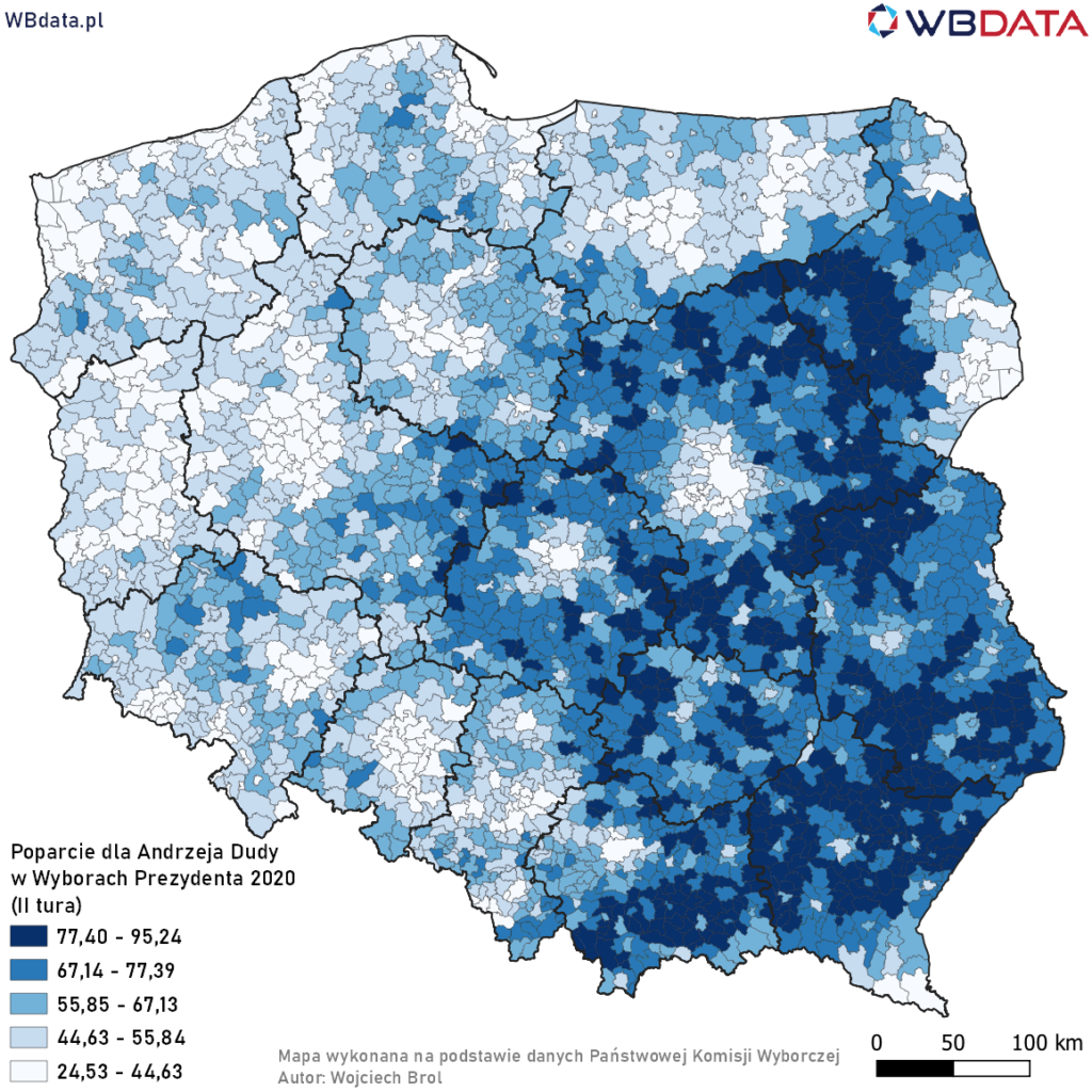 Mapa przedstawia poparcie dla Andrzeja Dudy w Wyborach Prezydenta 2020 w gminach (II tura)