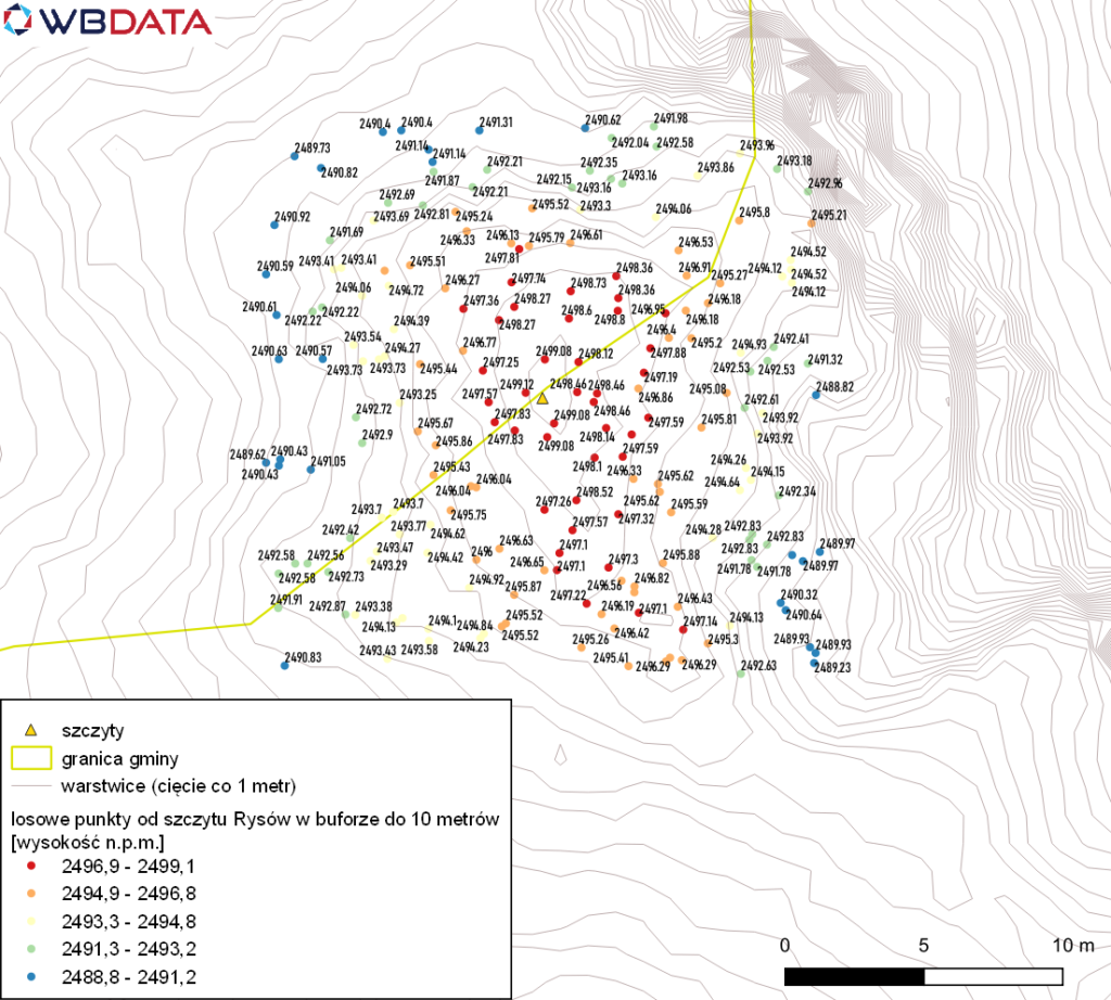Mapa przedstawia losowe punkty w buforze do 10 metrów od szczytu Rysów z informacją o wysokości n.p.m.