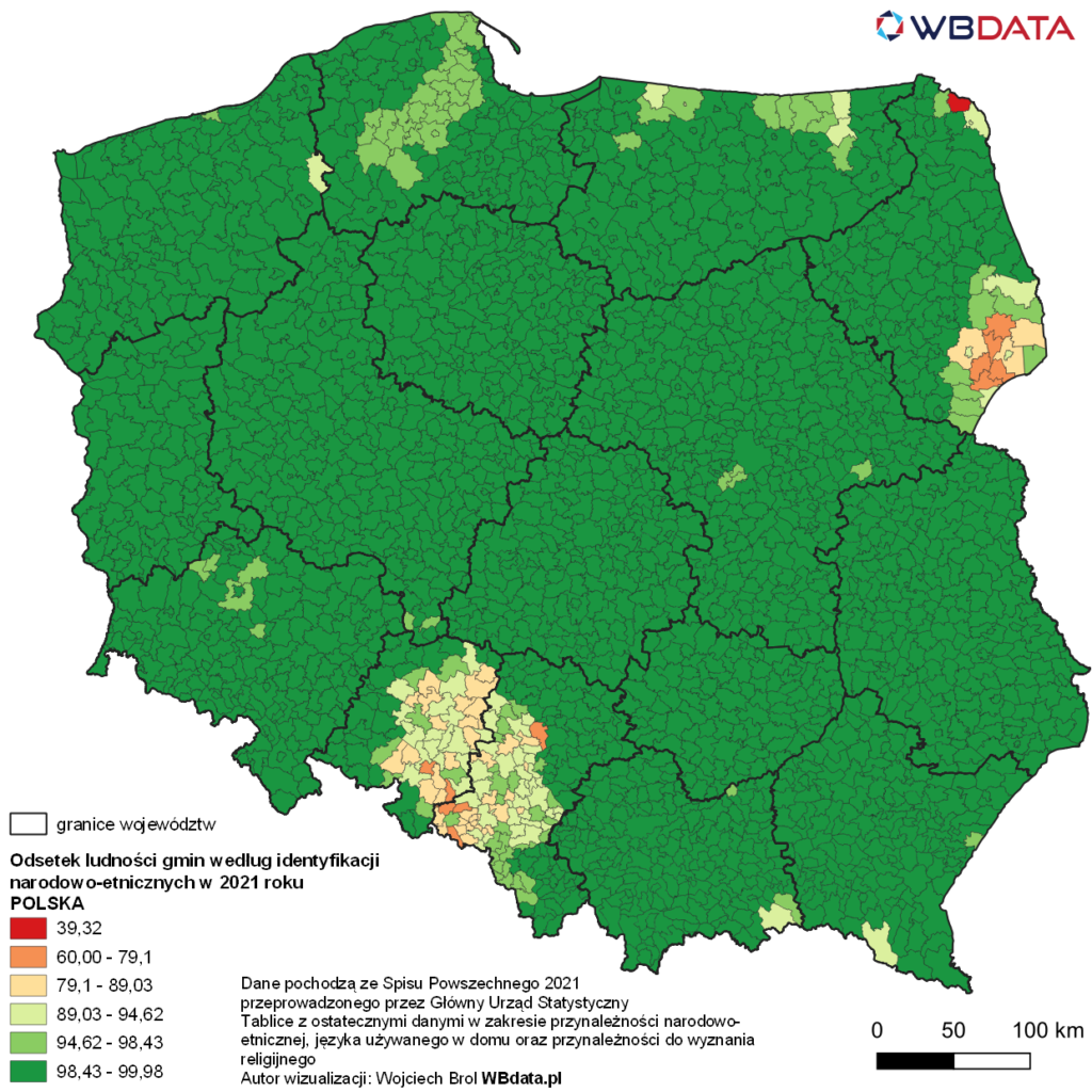 Mapa przedstawia identyfikację narodowo-etniczną - podczas spisu zaznaczono Polska