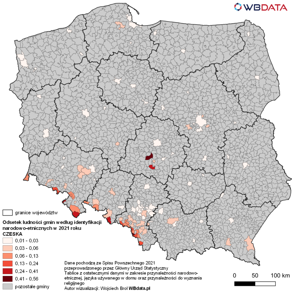 Mapa przedstawia identyfikację narodowo-etniczną - podczas spisu zaznaczono czeską