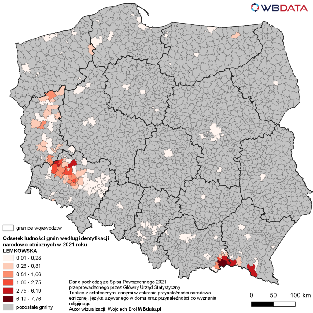 Mapa przedstawia identyfikację narodowo-etniczną - podczas spisu zaznaczono łemkowską