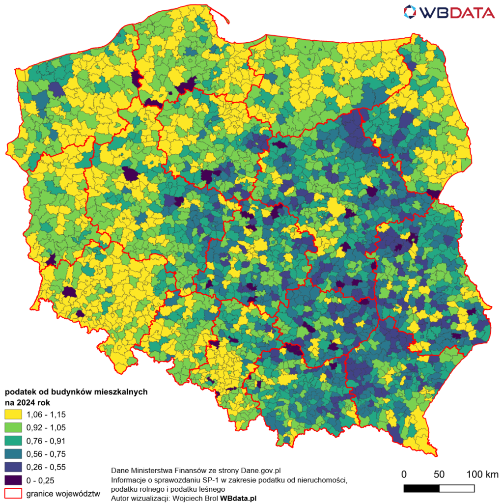 Mapa przedstawia wysokość podatku od budynków mieszkalnych na 2024 rok według gmin