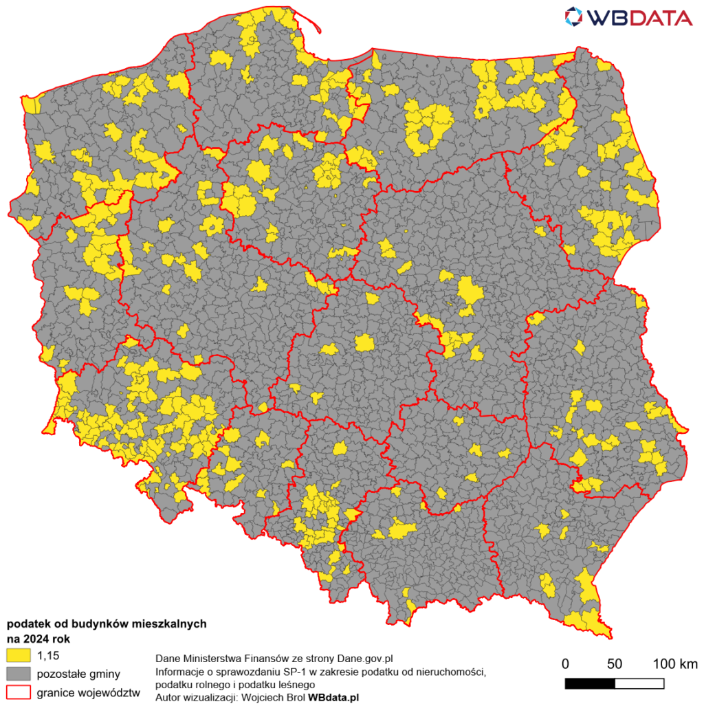 Mapa przedstawia maksymalną wysokość podatku (1,15 zł/m2) od budynków mieszkalnych na 2024 rok według gmin