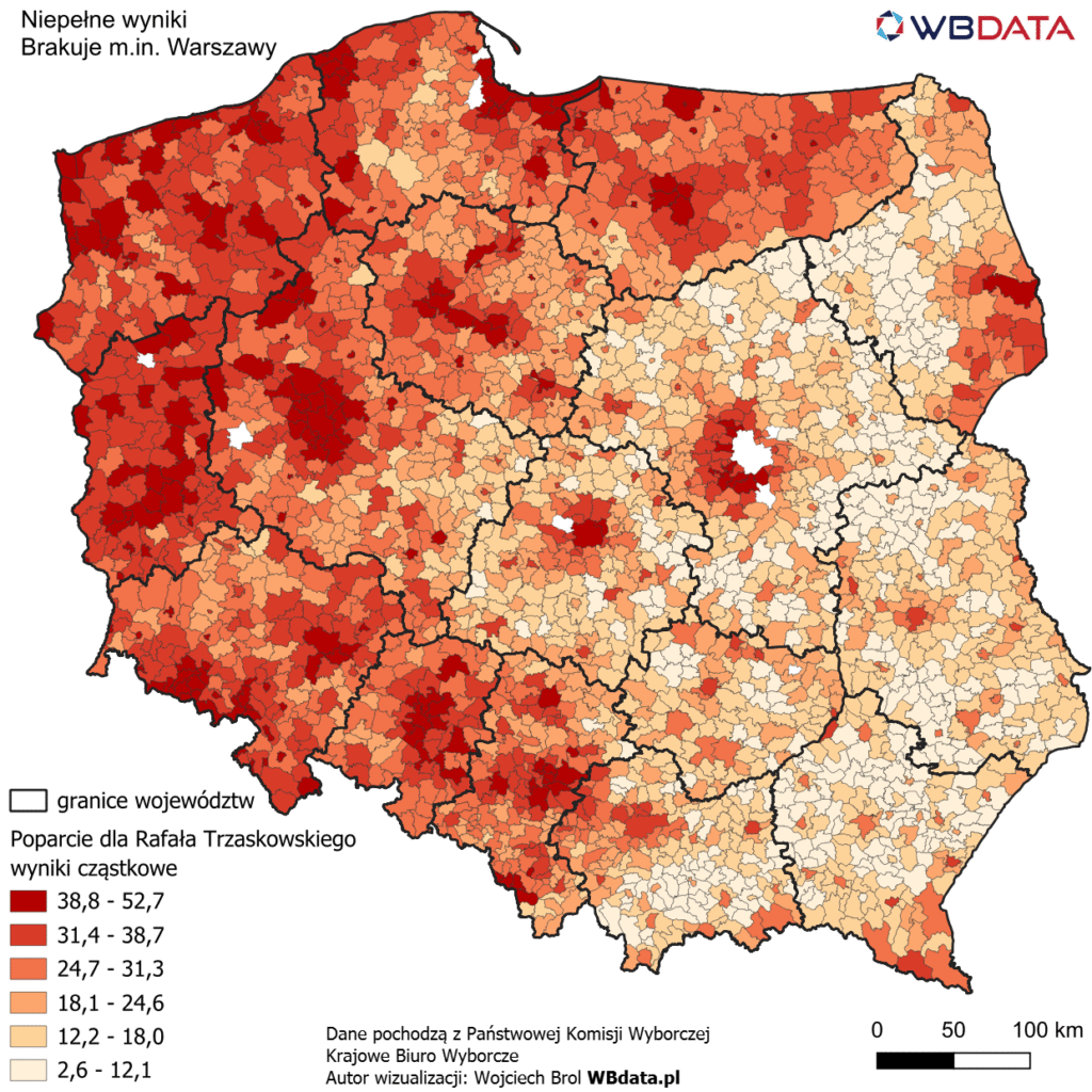 Poparcie dla Rafała Trzaskowskiego (niepełne dane)