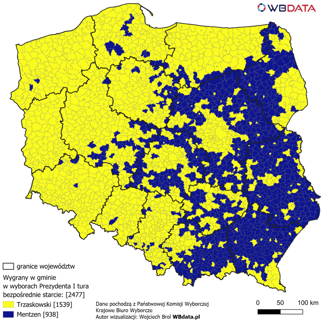 Wygrany w gminie w bezpośrednim starciu Trzaskowski vs. Mentzen