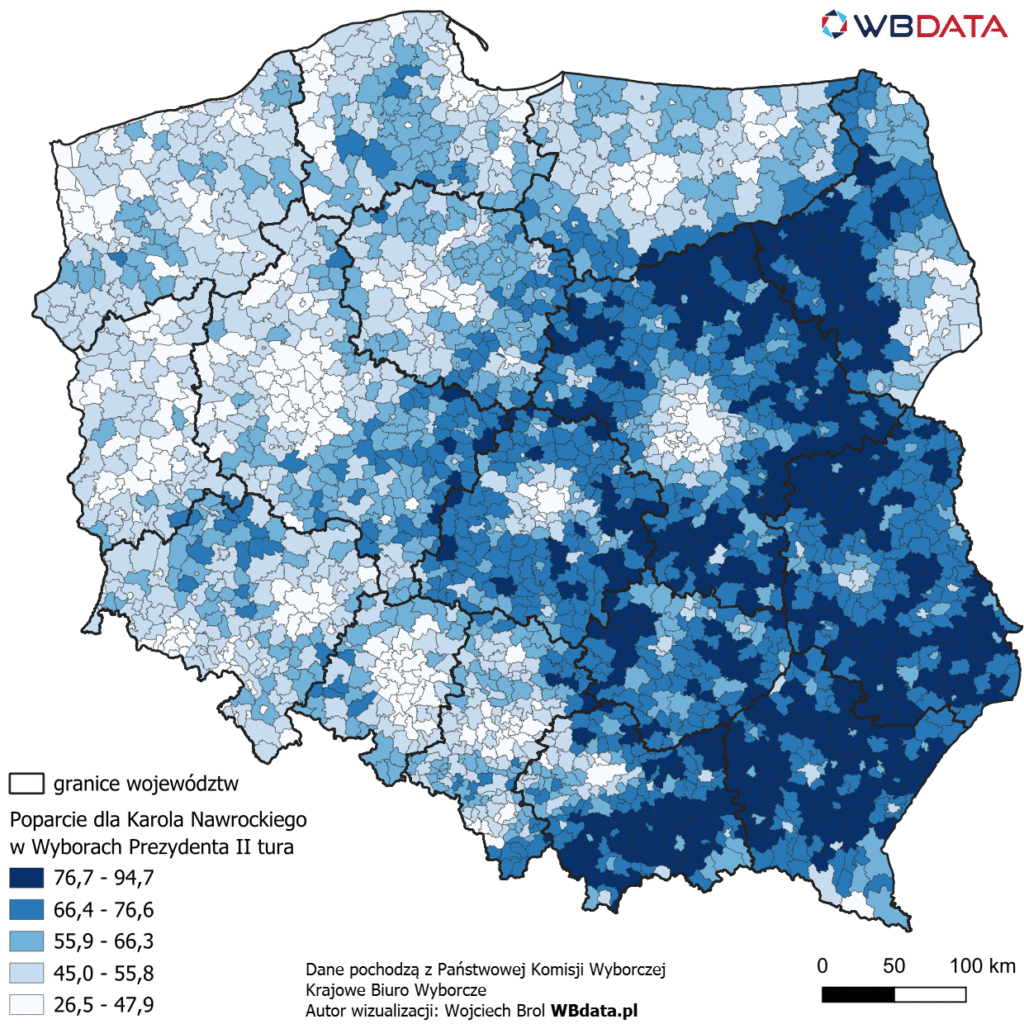 Poparcie dla Karola Nawrockiego w drugiej turze Wyborów Prezydenta 2025