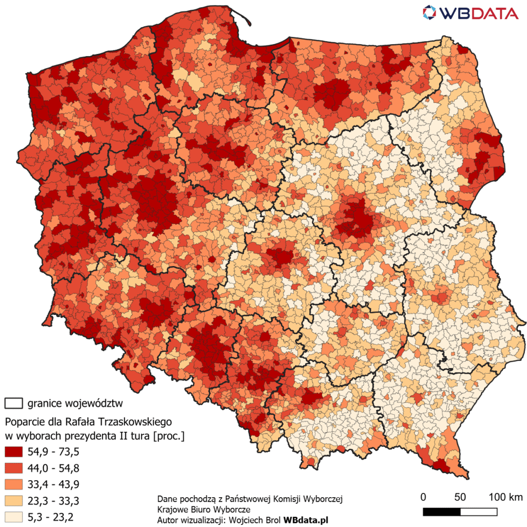 Poparcie dla Rafała Trzaskowskiego w drugiej turze Wyborów Prezydenta 2025