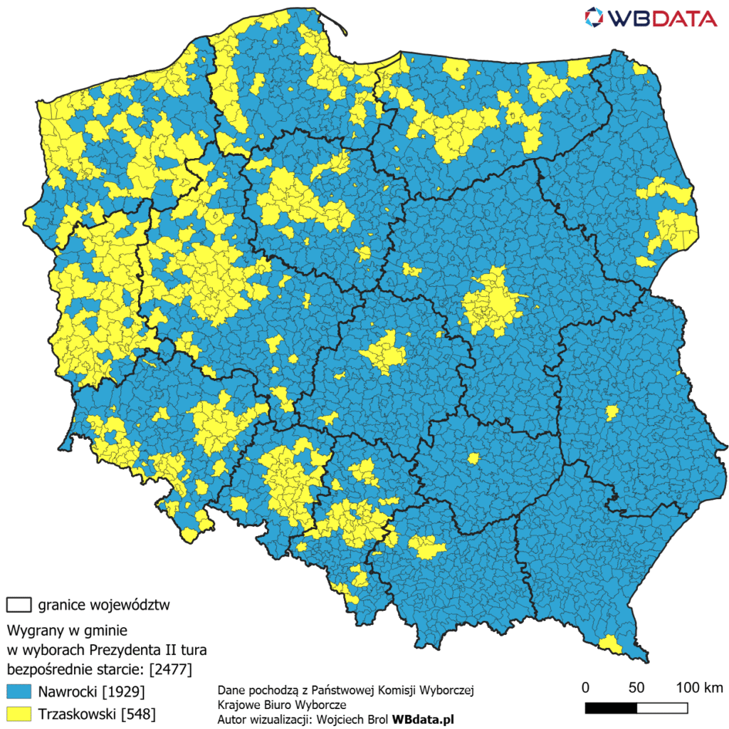 Wygrany w gminie w bezpośrednim starciu w drugiej turze Wyborów Prezydenta 2025 Trzaskowski vs. Nawrocki