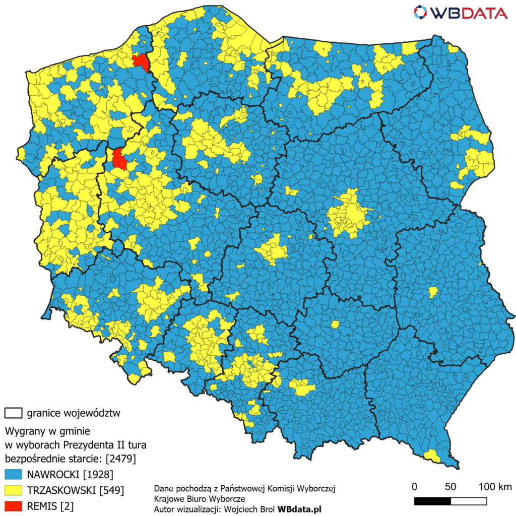 Wygrany w gminie w bezpośrednim starciu w drugiej turze Wyborów Prezydenta 2025 Trzaskowski vs. Nawrocki
