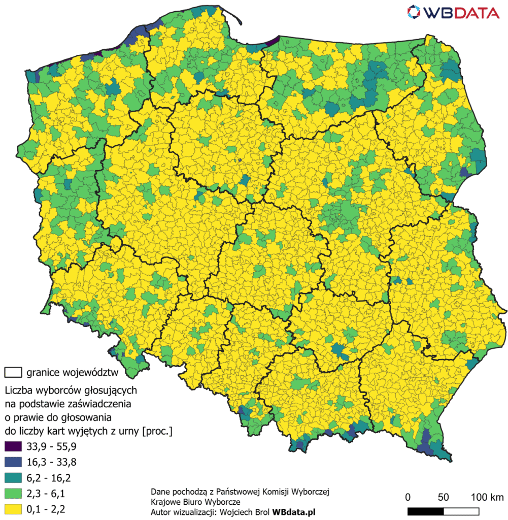 Mapa przedstawia odsetek głosujących na podstawie zaświadczenia o prawie do głosowania