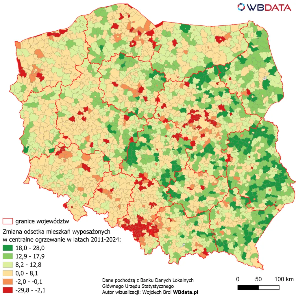 Zmiana odsetka mieszkań wyposażonych w centralne ogrzewanie w latach 2011-2024