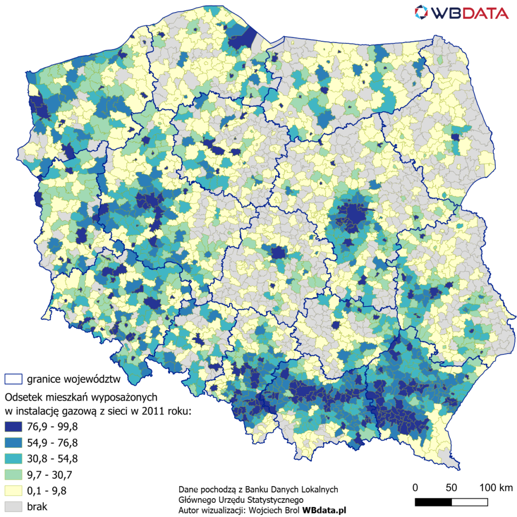 Mapa przedstawia odsetek mieszkań wyposażonych w instalację gazową z sieci w 2011 roku