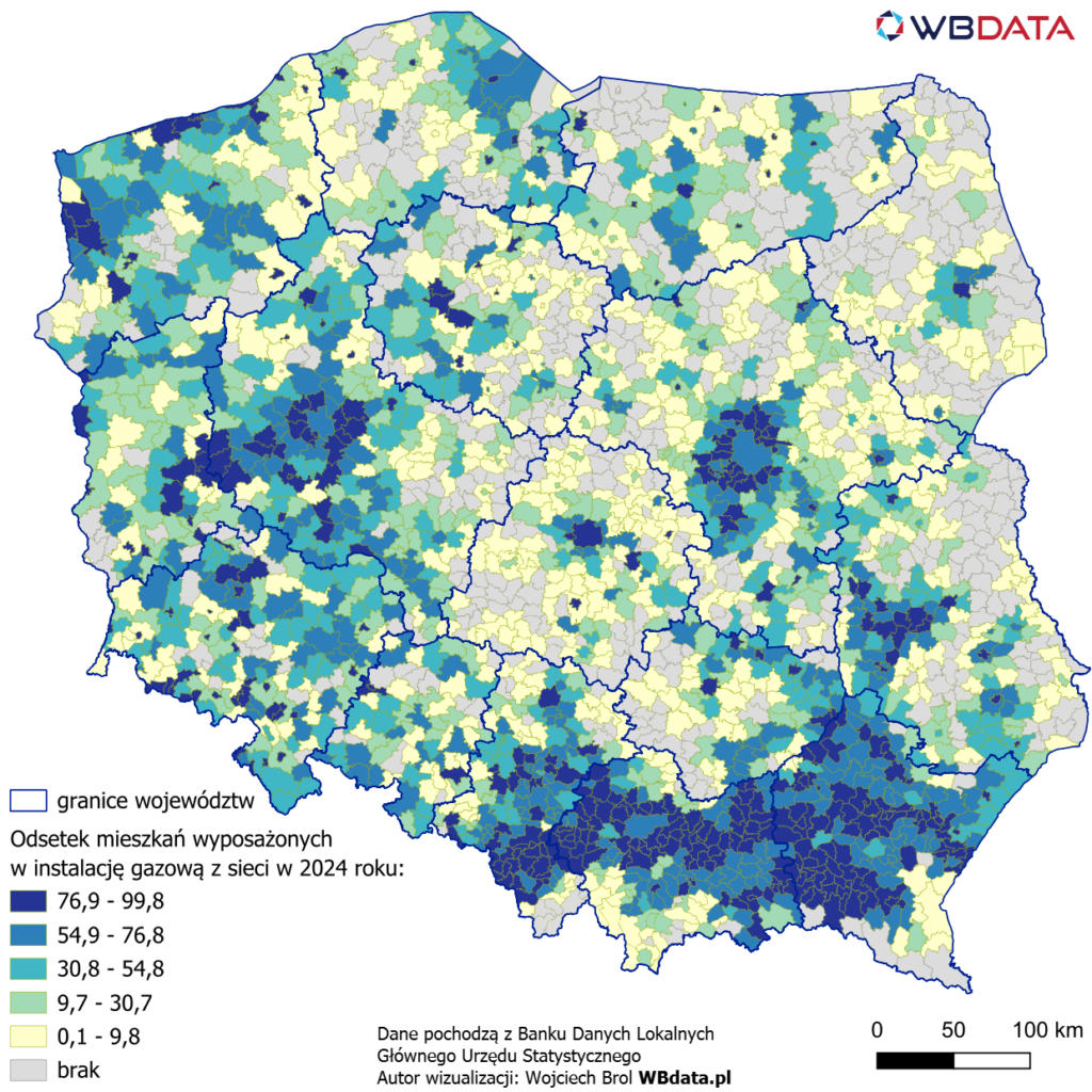Mapa przedstawia odsetek mieszkań wyposażonych w instalację gazową z sieci w 2024 roku