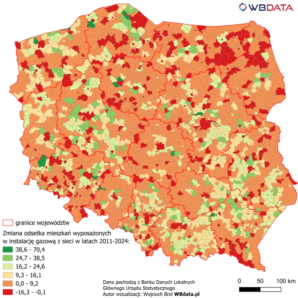 Zmiana odsetka mieszkań wyposażonych w instalację gazową z sieci w latach 2011-2024