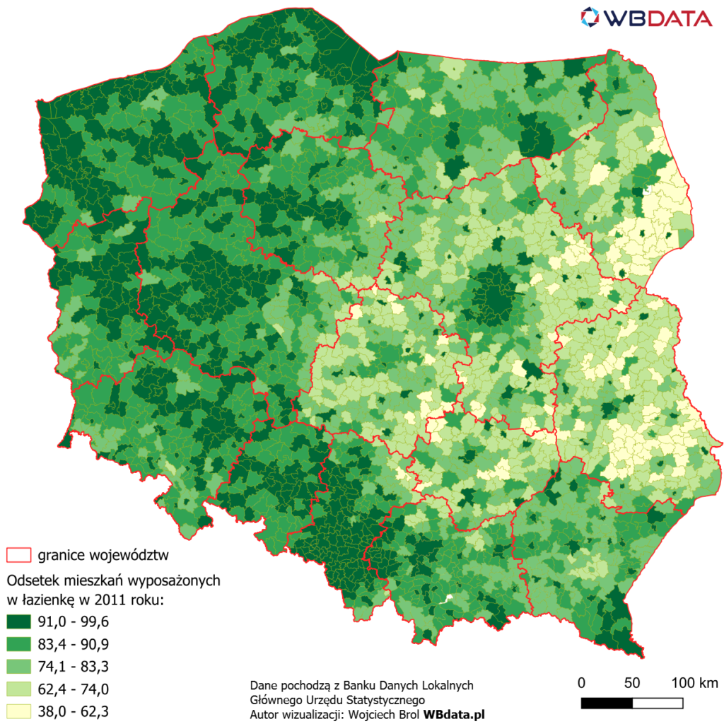 Mapa przedstawia odsetek mieszkań wyposażonych w łazienkę w 2011 roku