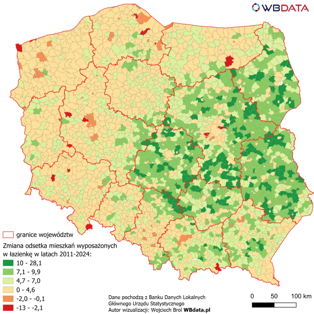 Zmiana odsetka mieszkań wyposażonych w łazienkę w latach 2011-2024