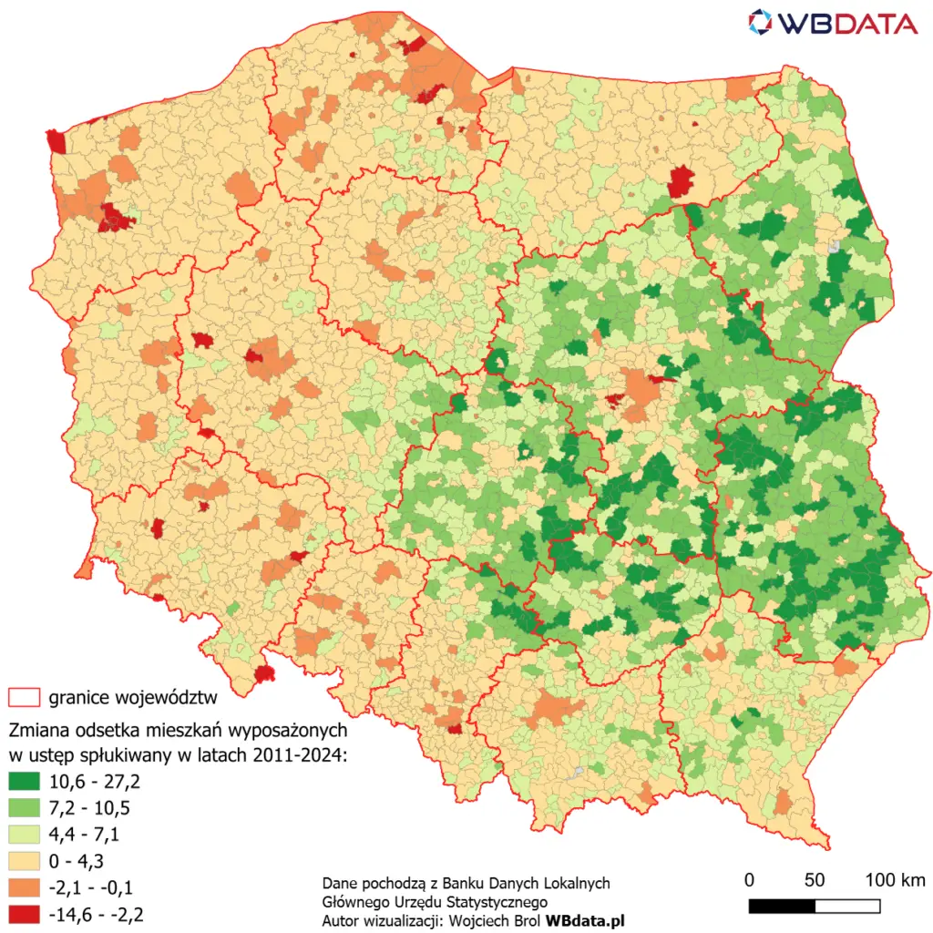 Zmiana odsetka mieszkań wyposażonych w ustęp spłukiwany w latach 2011-2024