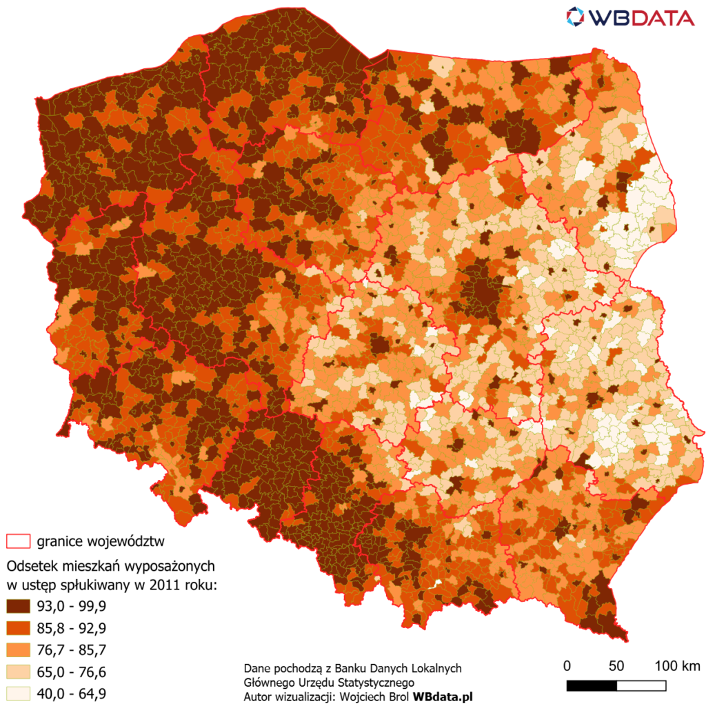 Mapa przedstawia odsetek mieszkań wyposażonych w ustęp spłukiwany w 2011 roku