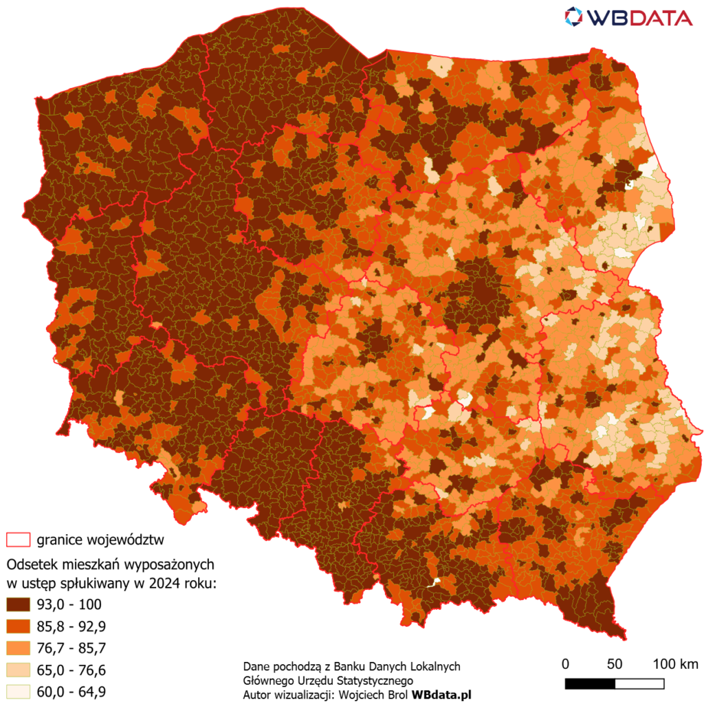 Mapa przedstawia odsetek mieszkań wyposażonych w ustęp spłukiwany w 2011 roku