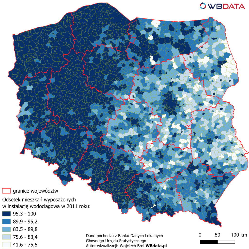 Mapa przedstawia odsetek mieszkań wyposażonych w instalację wodociągową w 2011 roku