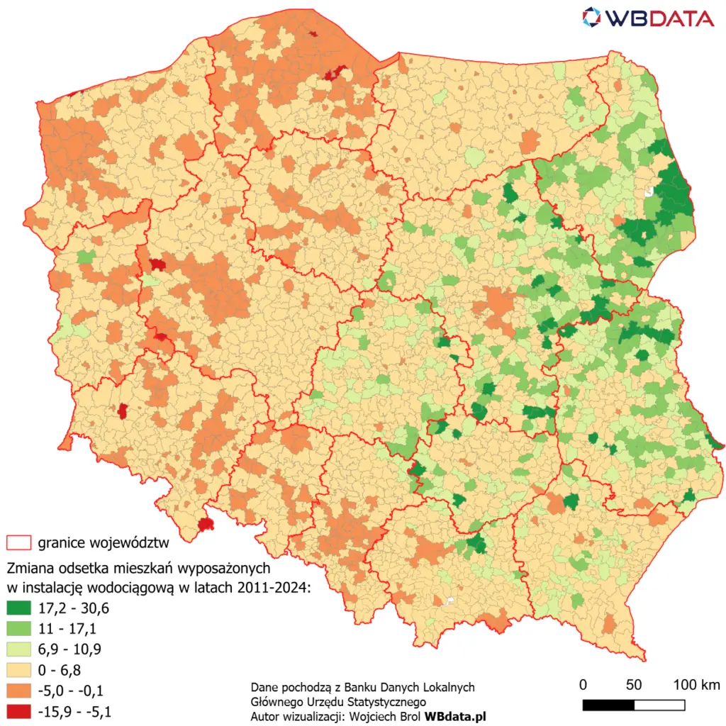 Zmiana odsetka mieszkań wyposażonych w instalację wodociągową w latach 2011-2024