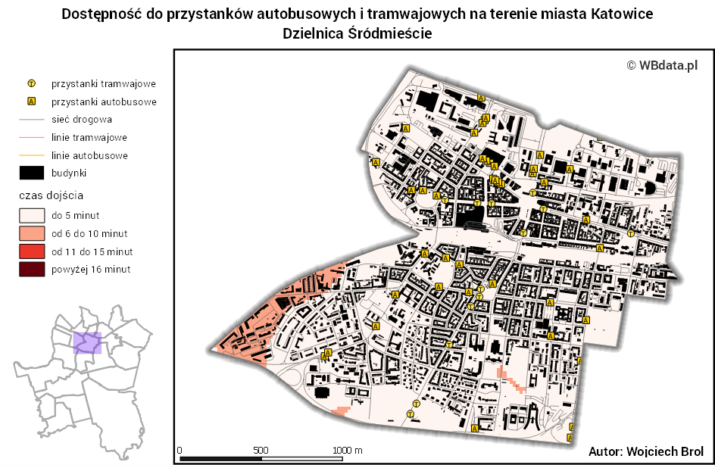 Mapa dostępności czasowej do przystanków komunikacji publicznej w śródmieściu Katowic